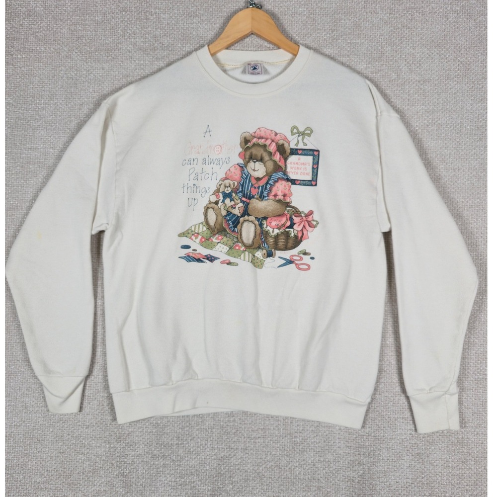 Vintage Delta Grandma Bear Graphic Sweater White XL Made in USA 90s *HAS STAINS*